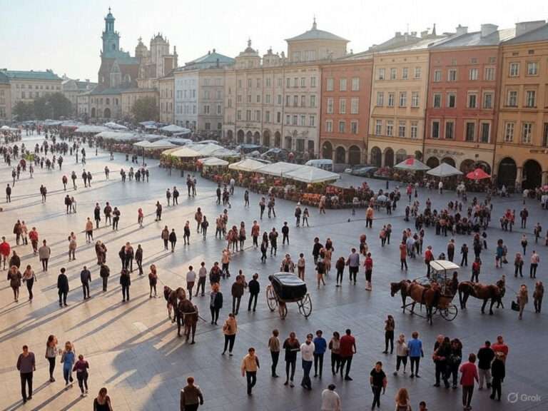 Na pierwszym planie można dostrzec sprzedawcę obwarzanków lub ulicznego artystę, co oddaje codzienny urok Krakowa.