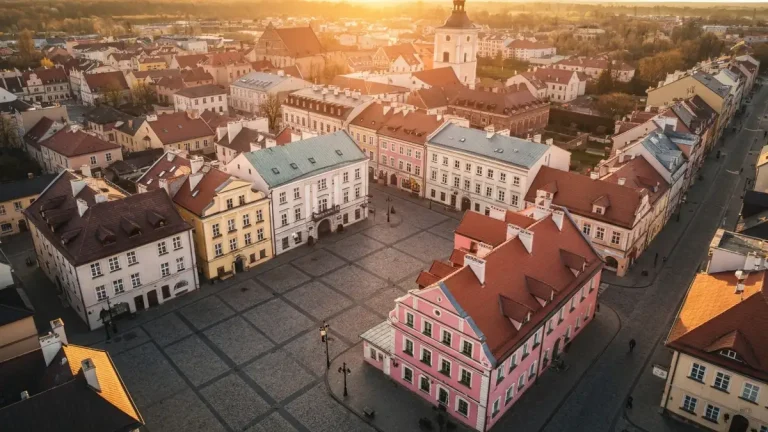 Panorama zabytkowego miasteczka w Polsce z kolorowym rynkiem i średniowieczną architekturą