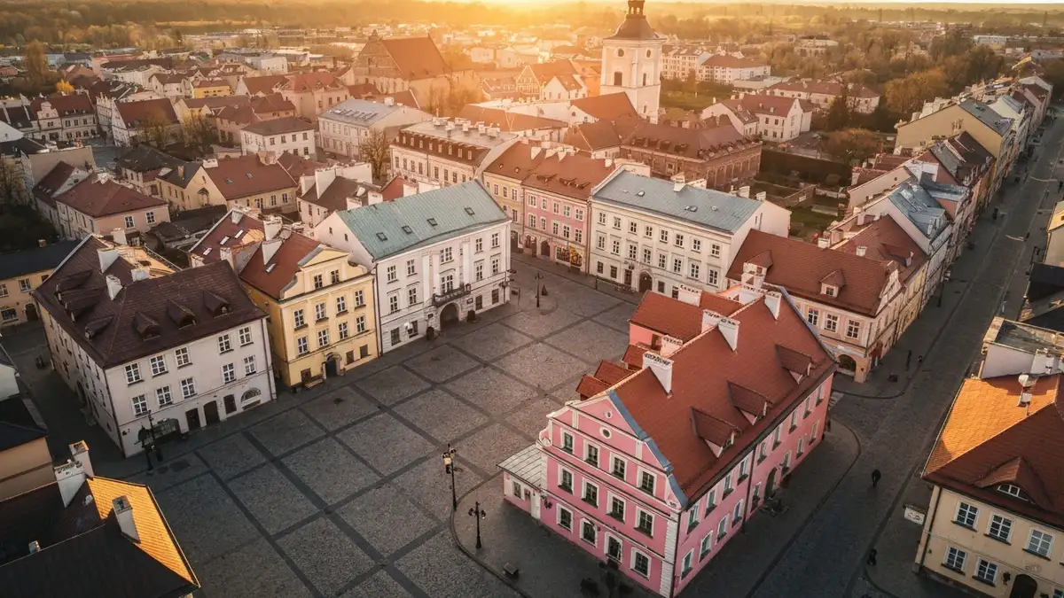 Panorama zabytkowego miasteczka w Polsce z kolorowym rynkiem i średniowieczną architekturą