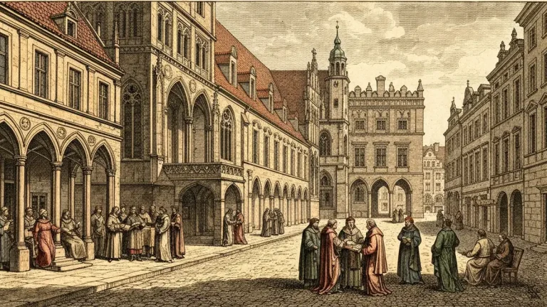 Historyczna ilustracja Akademii Krakowskiej w 1364 roku, średniowieczny budynek z elementami gotickimi, port szlachty na tle krakowskiego Rynku