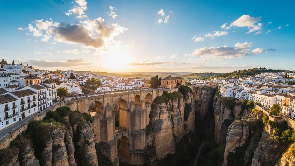 Widok na most Puente Nuevo w Rondzie z białymi domami na wzgórzu, Andaluzja, Hiszpania