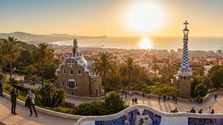 Widok na Park Güell w Barcelonie z kolorowych mozaik i palmami o zachodzie słońca