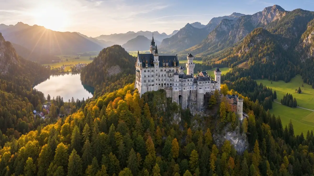Panoramiczny widok na zamek Neuschwanstein otoczony Alpami, z jeziorem i lasami w dolinie poniżej