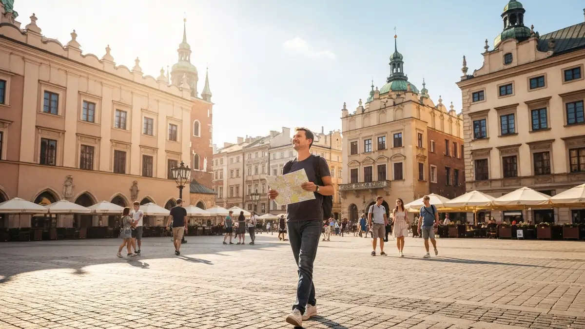 Turysta spacerujący bezpiecznie po Rynku Głównym w Krakowie z mapą w ręku, otoczony arystokracją średniowiecznej architektury
