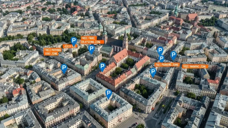 Mapa darmowych parkingów w Krakowie z zaznaczonymi lokalizacjami blisko Starego Miasta, Wawelu i Kazimierza