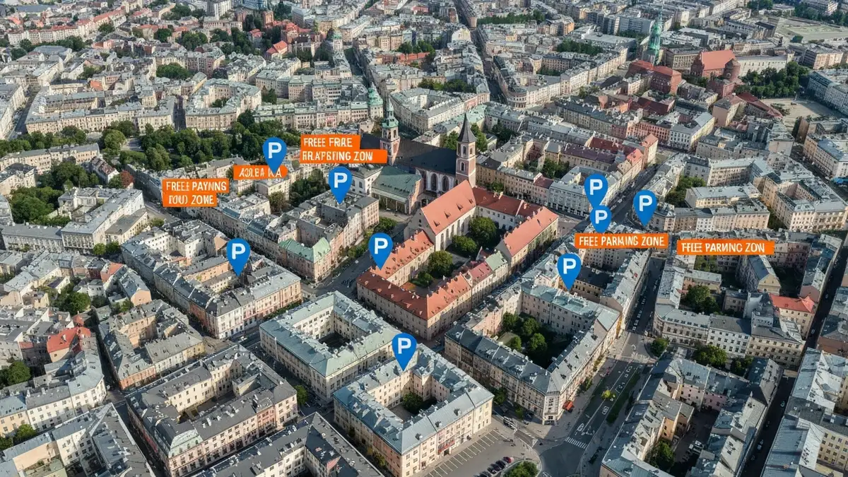 Mapa darmowych parkingów w Krakowie z zaznaczonymi lokalizacjami blisko Starego Miasta, Wawelu i Kazimierza