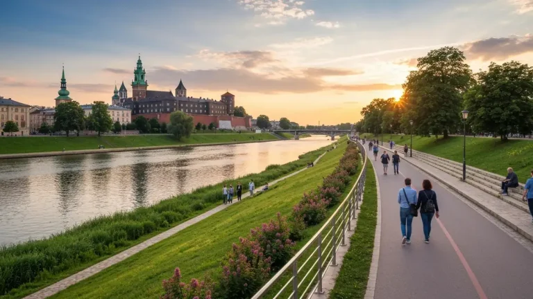 Panorama Bulwarów Wiślanych z widokiem na Wawel i rzekę Wisłę w Krakowie