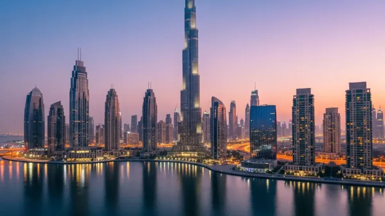 Widok na Baszę Khalifa i nowoczesne wieżowce Dubaju o zachodzie słońca
