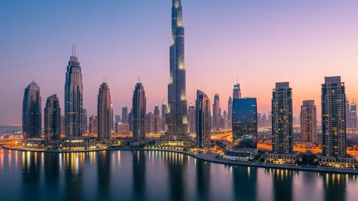 Widok na Baszę Khalifa i nowoczesne wieżowce Dubaju o zachodzie słońca