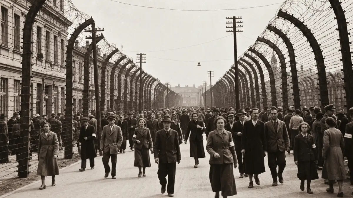 Historyczne archiwalne zdjęcie getta krakowskiego w Podgórzu z 1942 roku