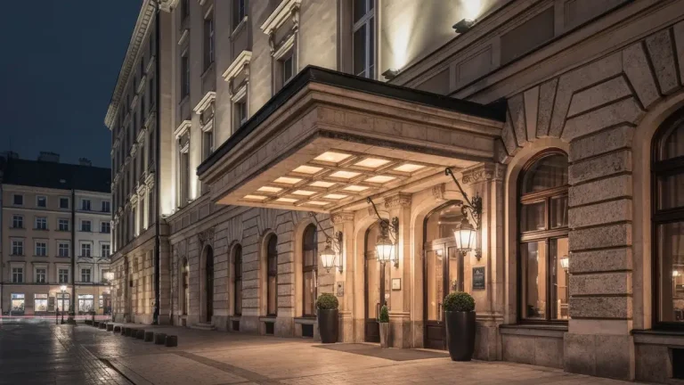Fasada eleganckiego hotelu 4 gwiazdkowego w Krakowie z wejściem i lampami w nocy