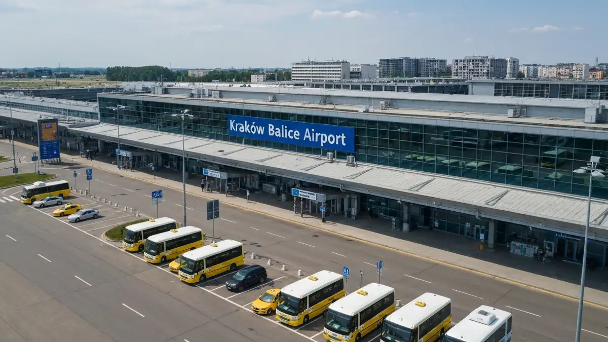 Widok lotniska Kraków Balice od strony terminalu, samochody na parkingu, znaki drogowe do centrum miasta