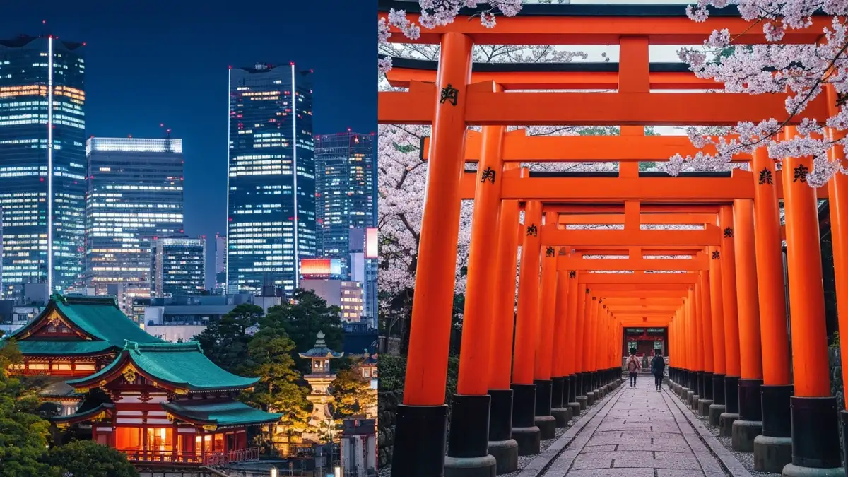 Widok na Tokio nocą z wieżowcami i świętynią, oraz tradycyjne torii w Kioto z czereśniami
