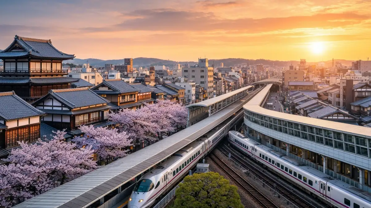 Widok na tradycyjne świątynie Kioto z czerwonymi torii, bambusowym lasem Arashiyama i nowoczesnym Tokio z Senso-ji w tle - złoty zmierzch nad Japonią