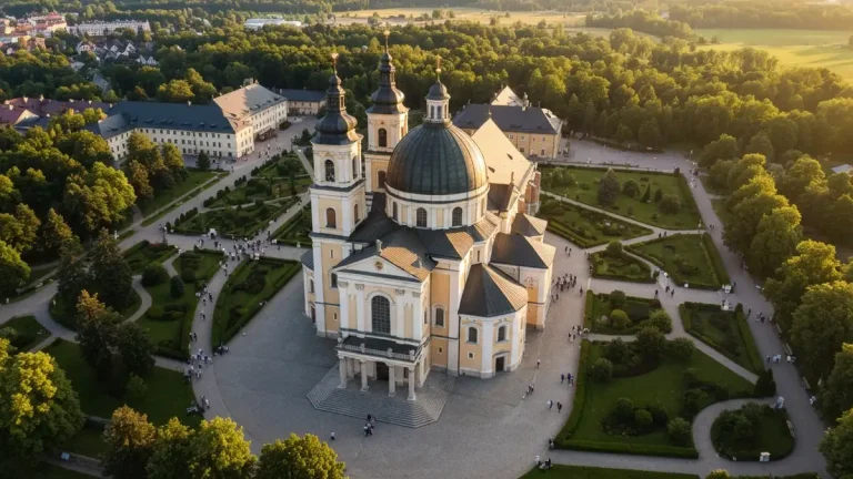 Widok na Bazylikę Matki Bożej Częstochowskiej na Jasnej Górze z wieżami i kopułą