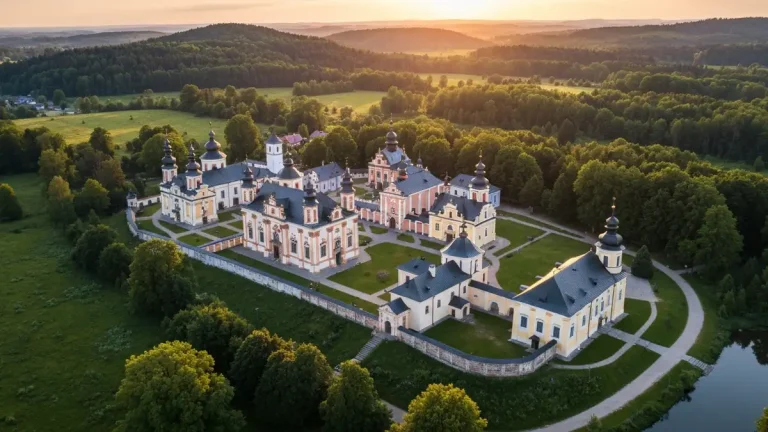 Widok na barokowe kapliczki Kalwarii Zebrzydowskiej otoczone zielenią, UNESCO