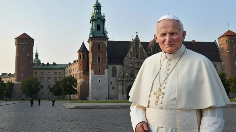 Portret Karola Wojtyły w białej sutannie papieskiej na tle krakowskiego Wawelu