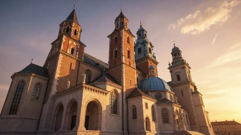 Widok zewnętrzny Katedry Wawelskiej z charakterystyczną kopułą i gotycką architekturą, na tle błękitnego nieba