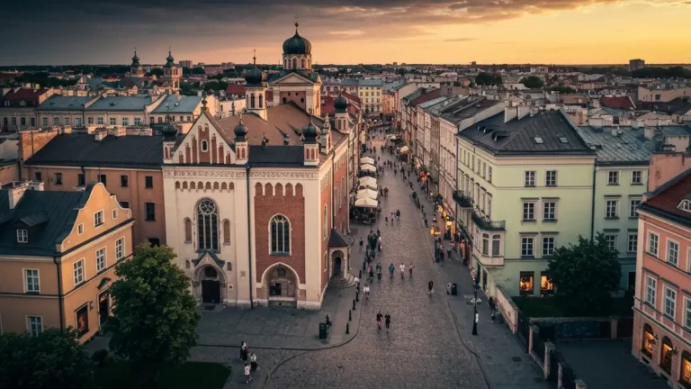 Widok na Kazimierz z Płasku - słynna dzielnica żydowska Krakowa o zachodzie słońca