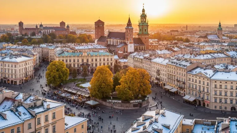 Panorama Krakowa w różnych porach roku - wiosna, lato, jesień, zima z widokiem na Wawel i Rynek Główny