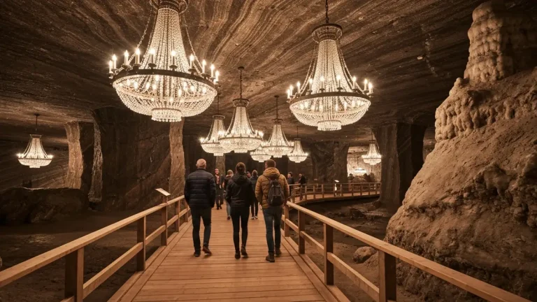 Kopalnia soli Wieliczka - jasny tunelowy korytarz z pięknym oświetleniem, turyści zwiedzający z przewodnikiem, tradycyjne żyrandole solne wiszące na suficie, historia i piękno pod ziemią.