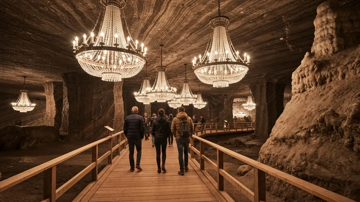 Kopalnia soli Wieliczka - jasny tunelowy korytarz z pięknym oświetleniem, turyści zwiedzający z przewodnikiem, tradycyjne żyrandole solne wiszące na suficie, historia i piękno pod ziemią.