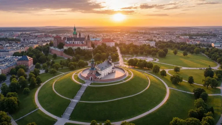 Kopiec Kościuszki w Krakowie z panoramicznym widokiem na Wawel i Stare Miasto