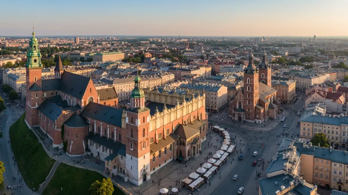 Panoramiczny widok na Kraków z szczytu Kopca Krakusa - widoczne Wawel, Stare Miasto i Bazylika Mariacka