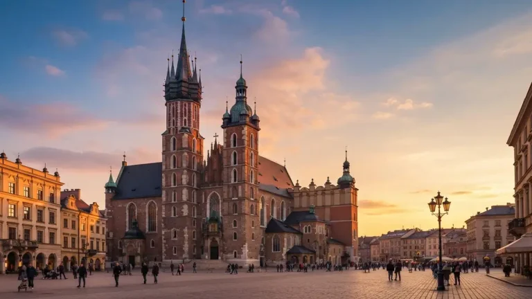 Kościół Mariacki w Krakowie z charakterystycznymi nierównymi wieżami na Rynku Głównym