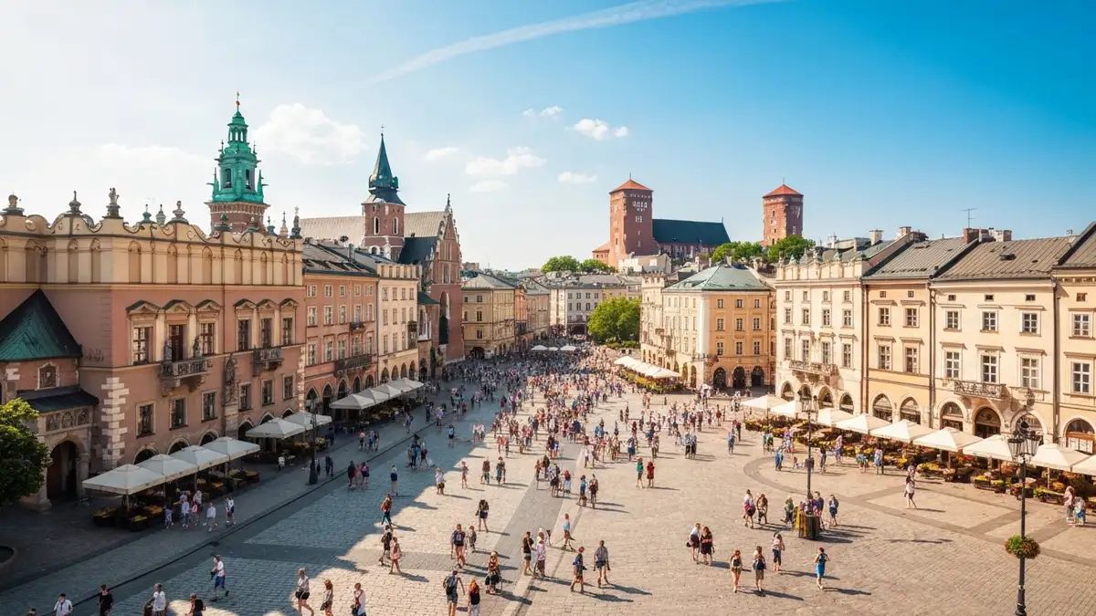 Kraków widok na Rynek Główny i Wawel z nieba, turyści spacerują po rynku w letnim słońcu