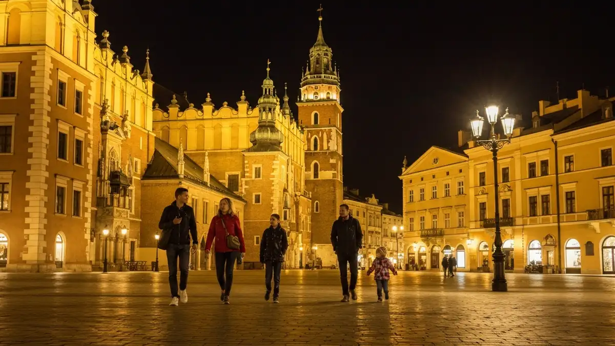 Kraków nocą - oświetlony Rynek Główny z ratuszem, turyści spacerujący bezpiecznie po placu