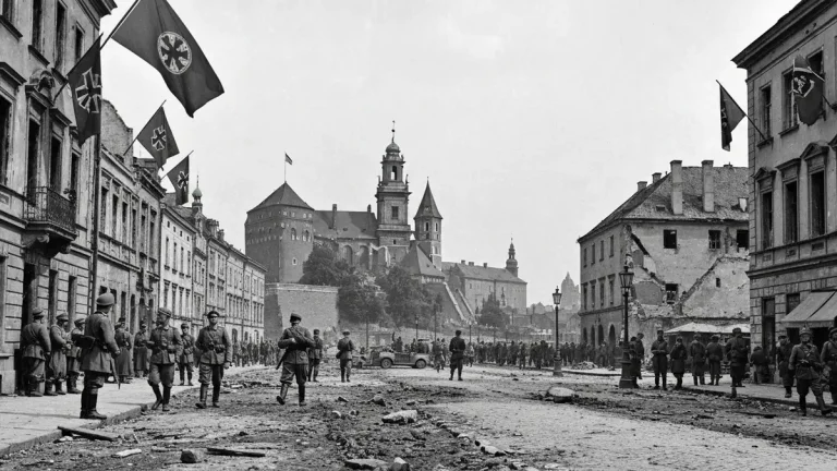 Kraków podczas okupacji niemieckiej 1939-1945 - widok na zniszczenia w mieście i niemieckie wojsko
