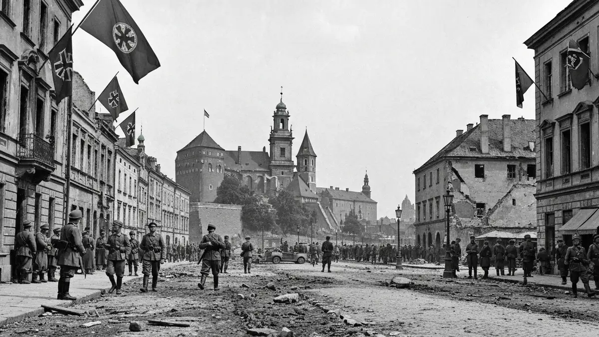 Kraków podczas okupacji niemieckiej 1939-1945 - widok na zniszczenia w mieście i niemieckie wojsko