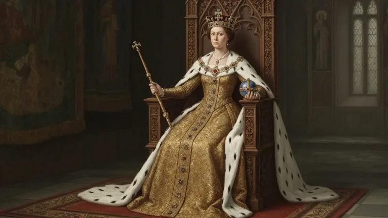 Portret Królowej Jadwigi w królewskich szatach, siedząca na tronie, w otoczeniu symboli władzy i pobożności