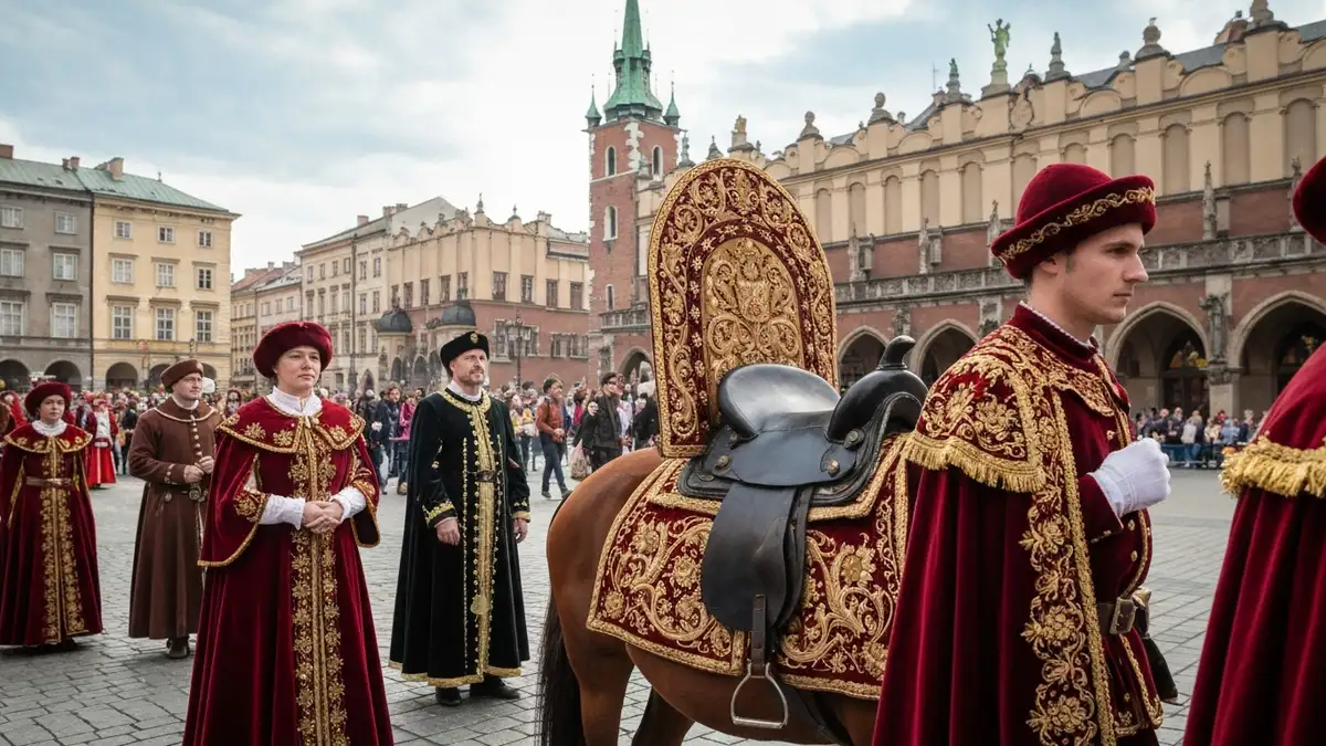 Lajkonik w pełnym stroju podczas tradycyjnego pochodu po Krakowie, złote ubrania i zdobienia, na tle krakowskiego Rynku Głównego