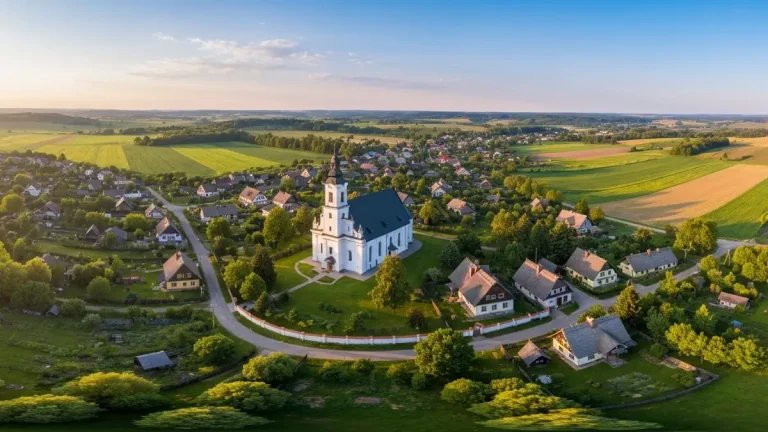 Panorama Lanckorony - widok na piękną wioską w Małopolsce z kościołem i zabudową tradycyjną