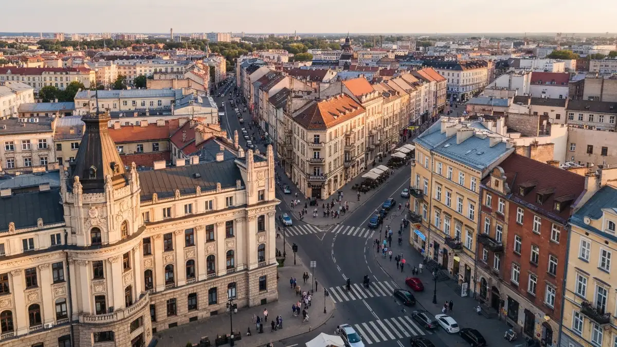 Panorama miasta Łódź z Pałacem Poznańskiego, ulicą Piotrkowską i kolorowymi kamienicami