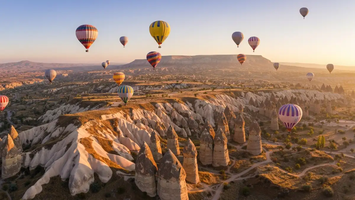 Kolorowe balony latające nad Kapadocją o wschodzie słońca z widokiem na Fairy Chimneys w tle