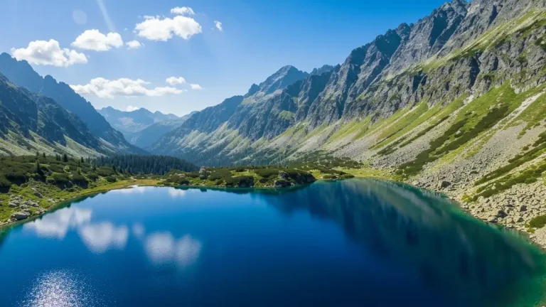 Morskie Oko - jezioro górskie w Tatrach Wysokich otoczone szczytami, zbliżenie na błękitną wodę i zieleń