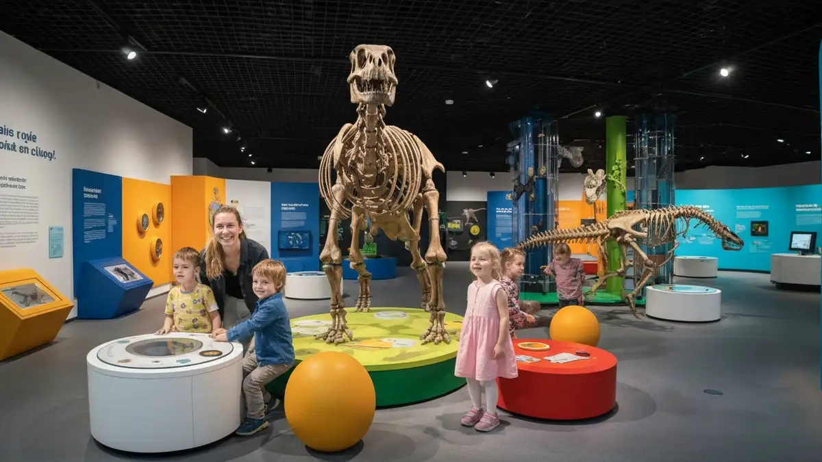 Dzieci bawią się w interaktywnym muzeum w Krakowie, odkrywając historię i naukę poprzez ekspozycje edukacyjne