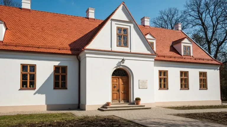 Fasada Muzeum Dom Rodzinny Jana Pawła II w Wadowicach - biały dom z czerwonym dachem