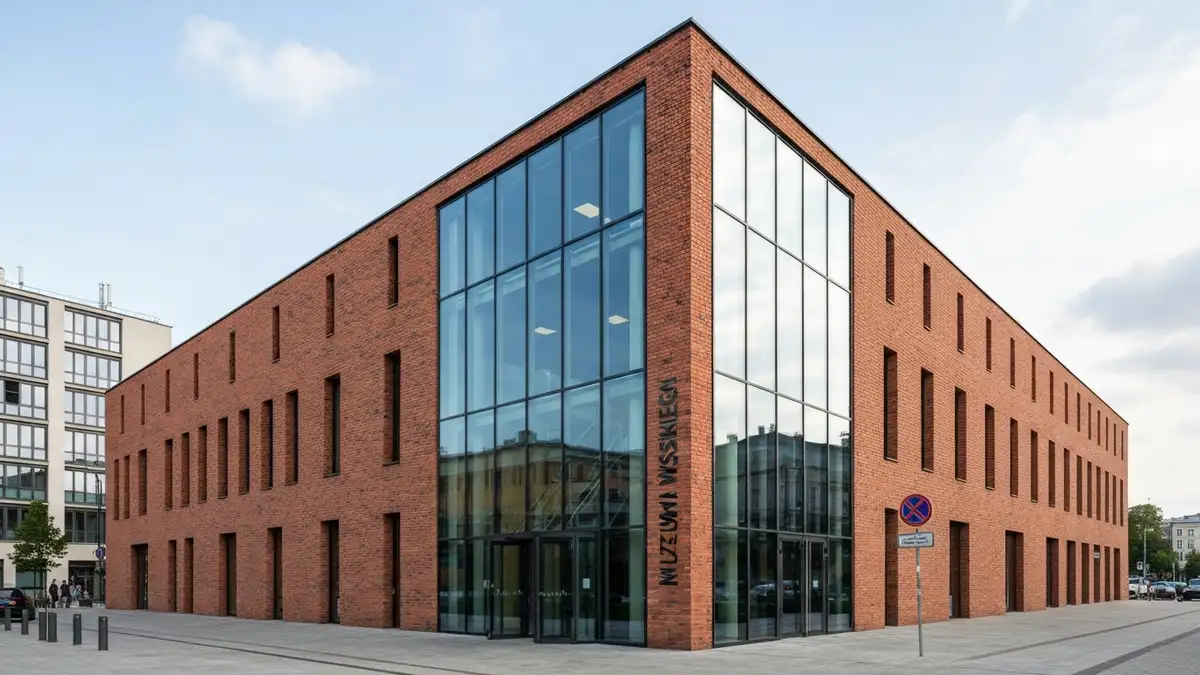 Fasada Muzeum Powstania Warszawskiego z nowoczesną architekturą, widok od strony wejścia głównego