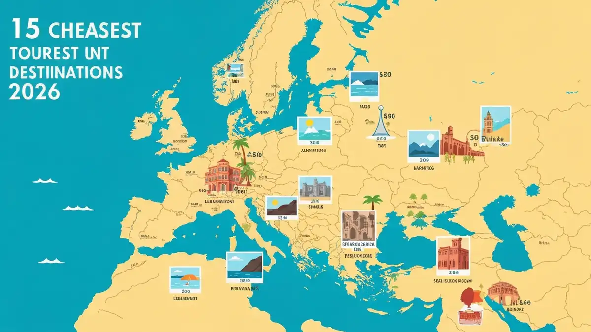 Mapa Europy z zaznaczonymi najtańszymi kierunkami turystycznymi 2026