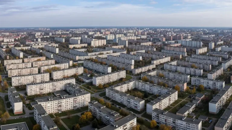 Panorama Nowej Huty w Krakowie z charakterystycznymi blokami mieszkaniowymi w stylu socrealizmu
