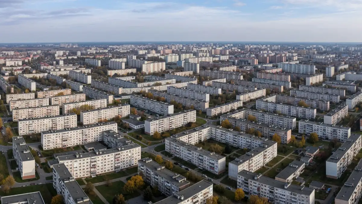 Panorama Nowej Huty w Krakowie z charakterystycznymi blokami mieszkaniowymi w stylu socrealizmu
