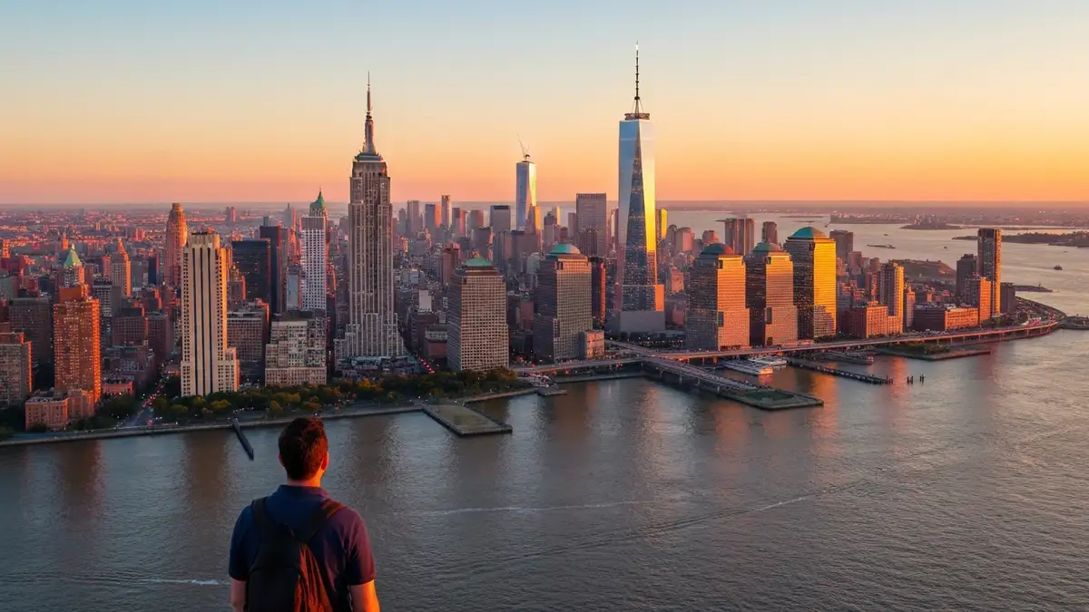 Panorama Nowego Jorku z Manhattan, widok na Empire State Building i wieżowce Manhattanu o zmierzchu