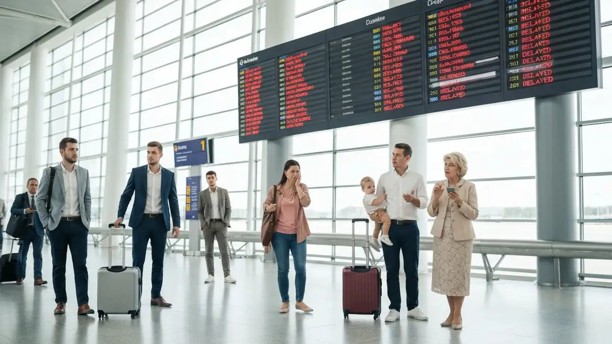 Tablica wyników na lotnisku pokazująca opóźniony lot i frustrowanych pasażerów