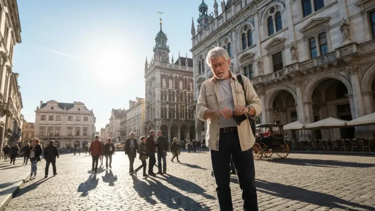 Turysta sprawdzający zawartość portfela, symbol ostrożności przed oszustwami w Krakowie