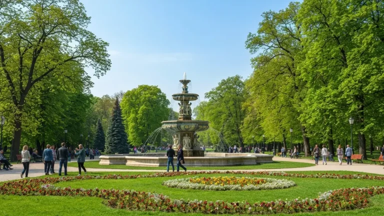 Park Jordana w Krakowie - fontanna i zielone tereny z drzewami
