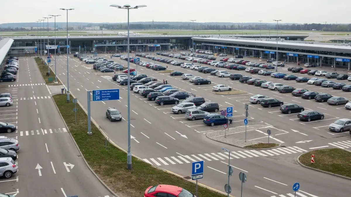 Parking przy lotnisku Balice w Krakowie z wysoko ponad samochodami i oznaczeniami stref parkingowych